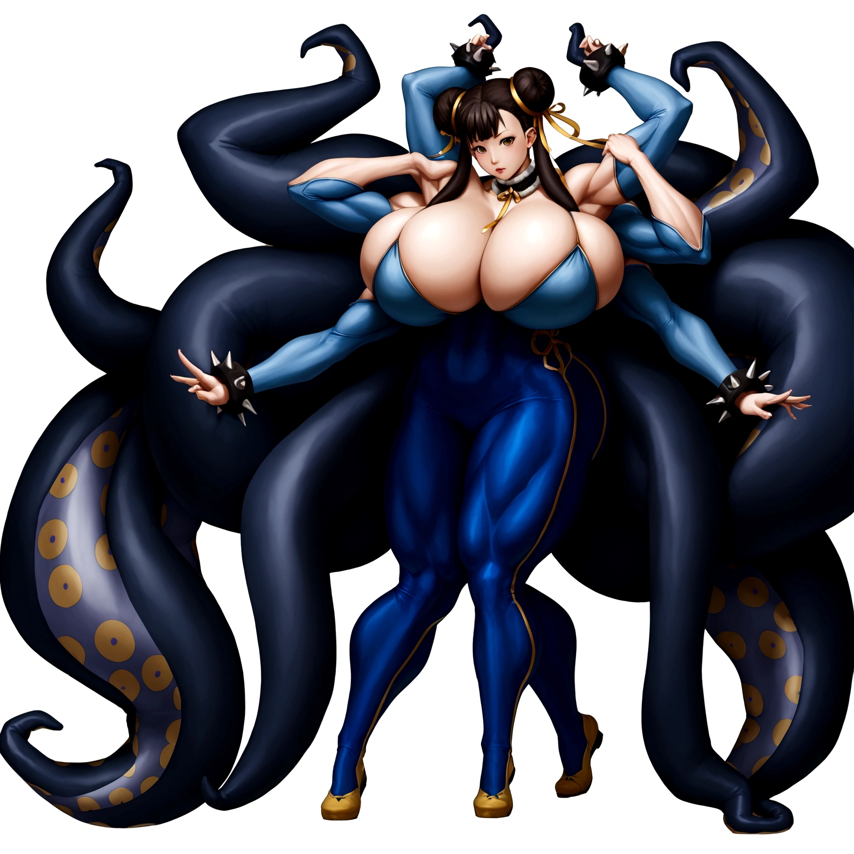 Chunli, ninomae hair, ninomae tentacles, gigantic muscular body, huge breasts, 4 arms, full body.