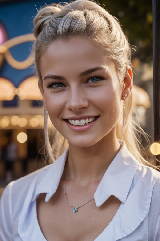 gorgeous, beautiful, 21 years old scandinavian, white hair in a bun, best portrait photo ever, men magazine portrait, beautiful smile, perfect teeth, seductive, flirty, face photo, in disneyland, disneyland background in summer, in front of the disneyland amusement park ride, smiling, beautiful blue shirt, detailed skin, realistic, photo-realistic, 8k sharp focus, highly detailed, full length frame, High detail RAW color art, piercing, diffused soft lighting, shallow depth of field, sharp focus, hyperrealism, cinematic lighting