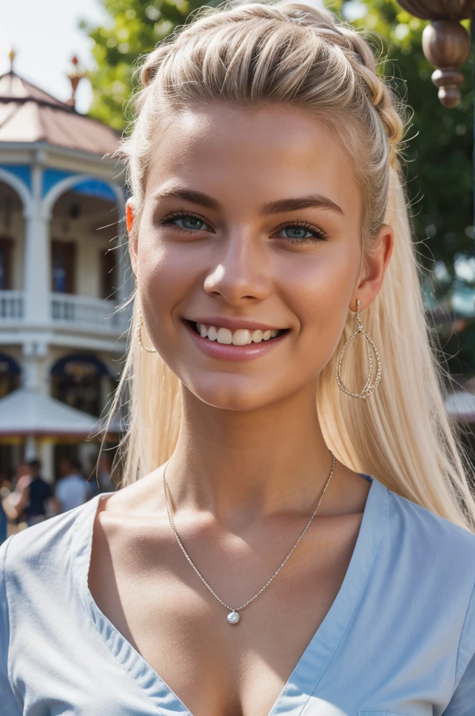 gorgeous, beautiful, 21 years old scandinavian, white hair in a bun, best portrait photo ever, men magazine portrait, beautiful smile, perfect teeth, seductive, flirty, face photo, in disneyland, disneyland background in summer, in front of the disneyland amusement park ride, smiling, beautiful blue shirt, detailed skin, realistic, photo-realistic, 8k sharp focus, highly detailed, full length frame, High detail RAW color art, piercing, diffused soft lighting, shallow depth of field, sharp focus, hyperrealism, cinematic lighting