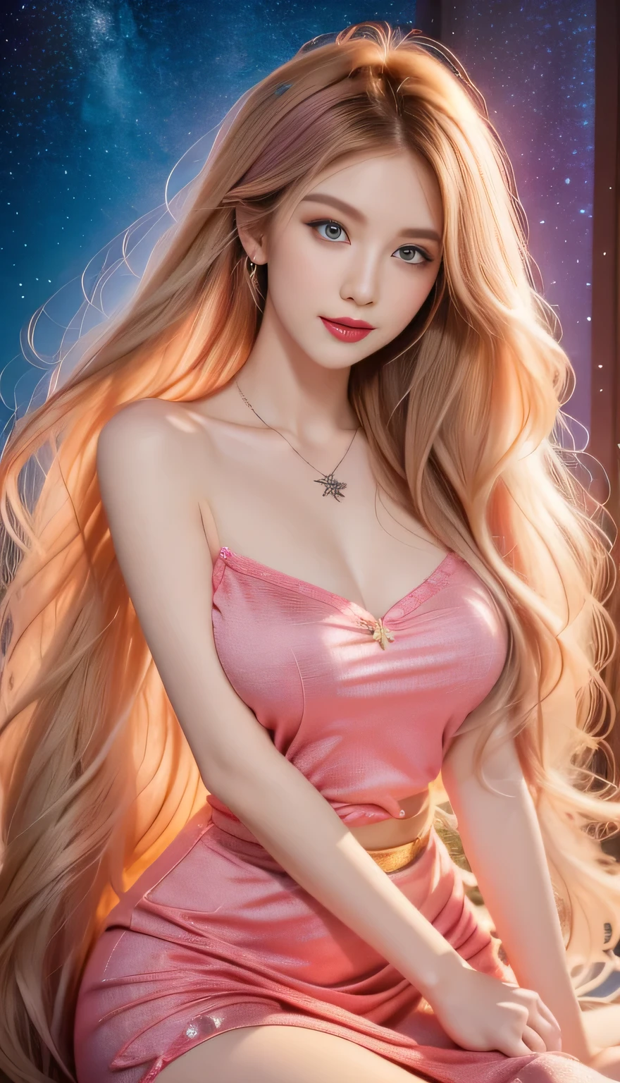 Close-up of a woman with Colorful hair and necklace, Universe long hair anime girl, The soft vibrancy of Rossdraws, Guvez-style artwork, Fantasy art style, Colorful], Vibrant fantasy style, Rossdraws Vibrant cartoons, cosmic and Colorful, Gu Weiss, Colorful digital fantasy art, Stunning art style, Beautiful anime style, Full body lighting, Skin brightening, Sexy expressions