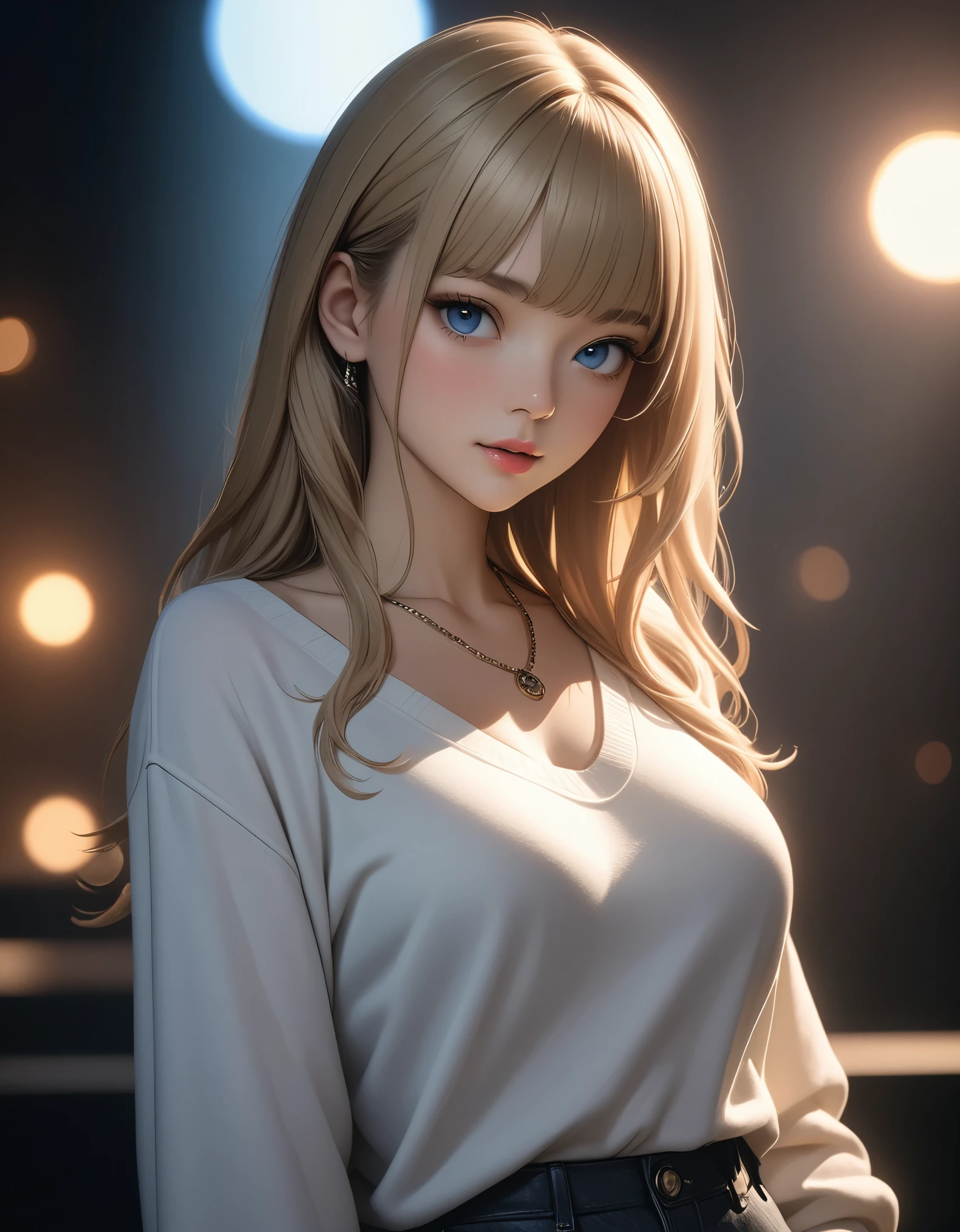 best quality, masterpiece, high resolution, A girl, blonde, Blue eyes, fashion clothing, necklace, jewelry, Pretty Face, Perfect breasts, more than_Body, Tyndall effect, lifelike, Dark Studio, Side lighting, Two-color lighting, (HD Skin:1.2), 8k Ultra HD, Soft Light, high quality, Volumetric Lighting, frank, photography, high resolution, 8k, Bokeh, short depth of field,,