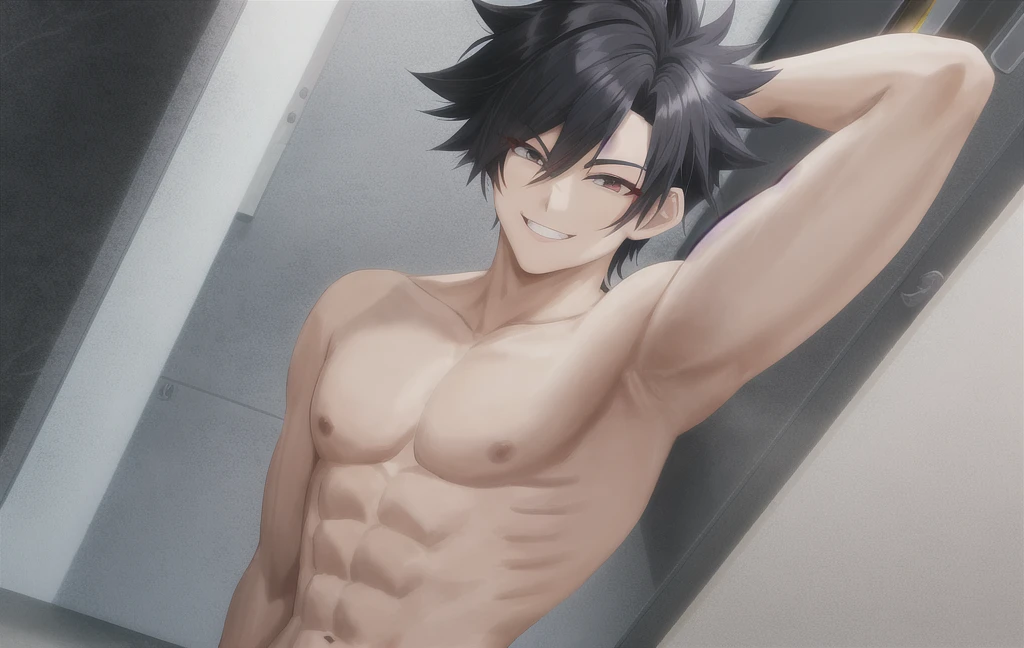 (anime styling) with a naughty smile, Asian, branco como a neve, brawny, androgynous, black mullet hair , (style anime) sexly, with an erect penis, hairless, HD, how much
