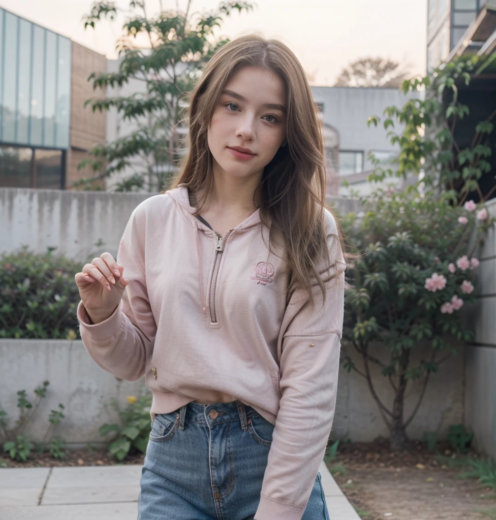 ((best quality)), ((masterpiece)), (detailed), 8k, RAW photo, Fujifilm, style photo of a beautiful young woman as avril in a garden of light pink roses (highly detailed skin: 1.2) Style-Petal BREAK long hair, blonde hair with colored locks, wearing zipper hodie and blue jean, film granulation, 35mm, cute style, white background