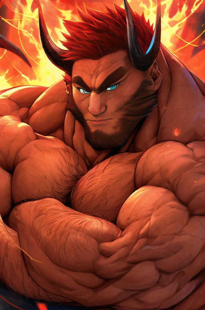 Demon, hairy chest, bearded, Big , muscular, Big thighs, handsome, Red hair, light brown skin, erected, Heroic pose, muscular arms, Big muscular chest, detailed light blue eyes