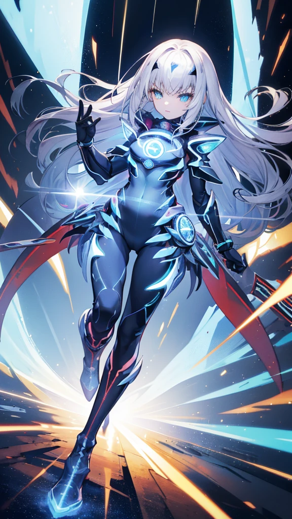 One Girl, Superhero, Knee-high boots, gloves, Medium chest, Luminous body, The light that enveloped her body, Light Particles, Space Background, floating, Cowboy Shot, Full Body Shot, superpower, Perfect Anatomy.