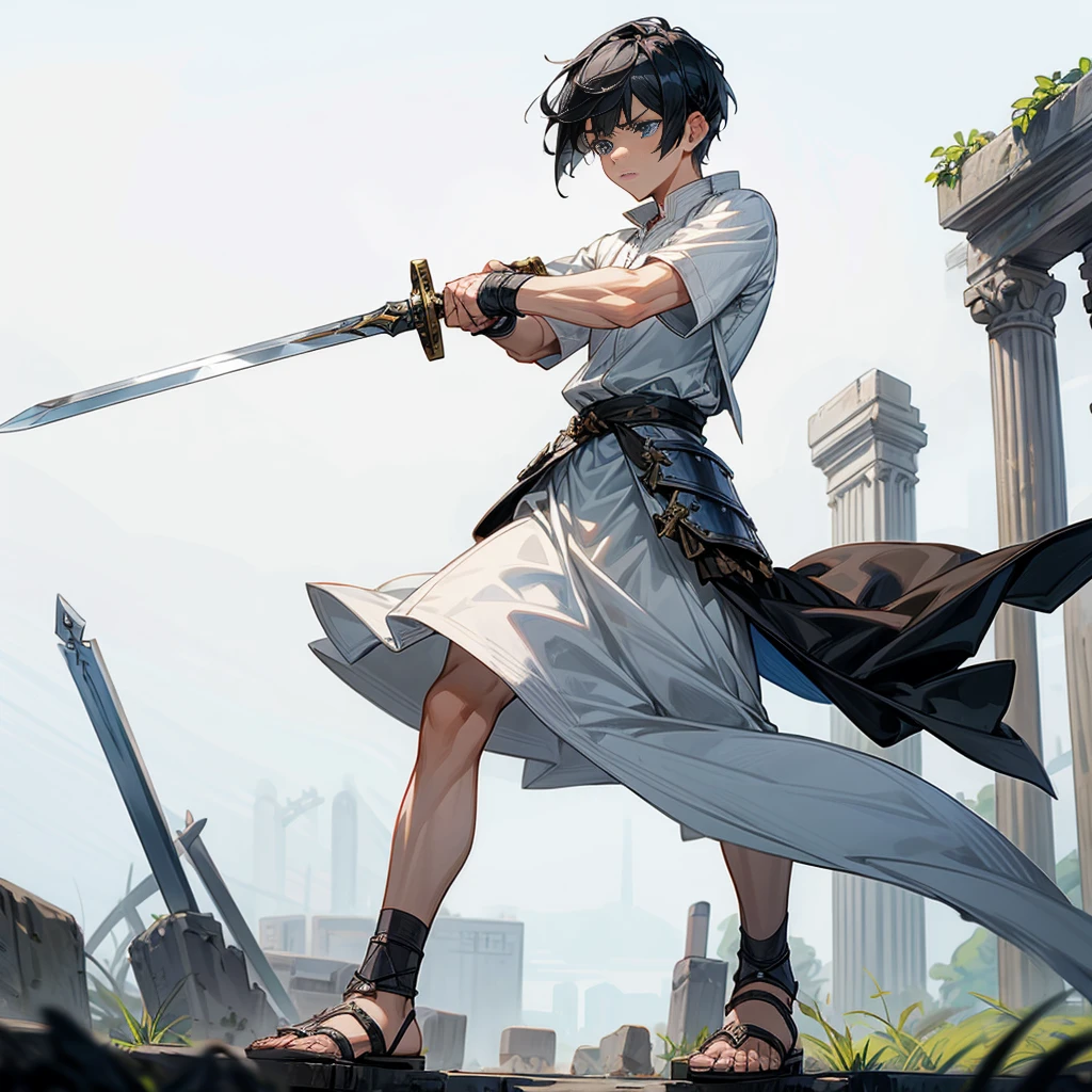 1boys, Full body version, blue eyes, undercut hair, black colour hair, very angry expression, white tunic Ancient Roman clothing, short sleeve shirt, gladiator skirt, gladiator armor, gladiator sandals, Spatha sword in hand, war gesture, Grassroots background 