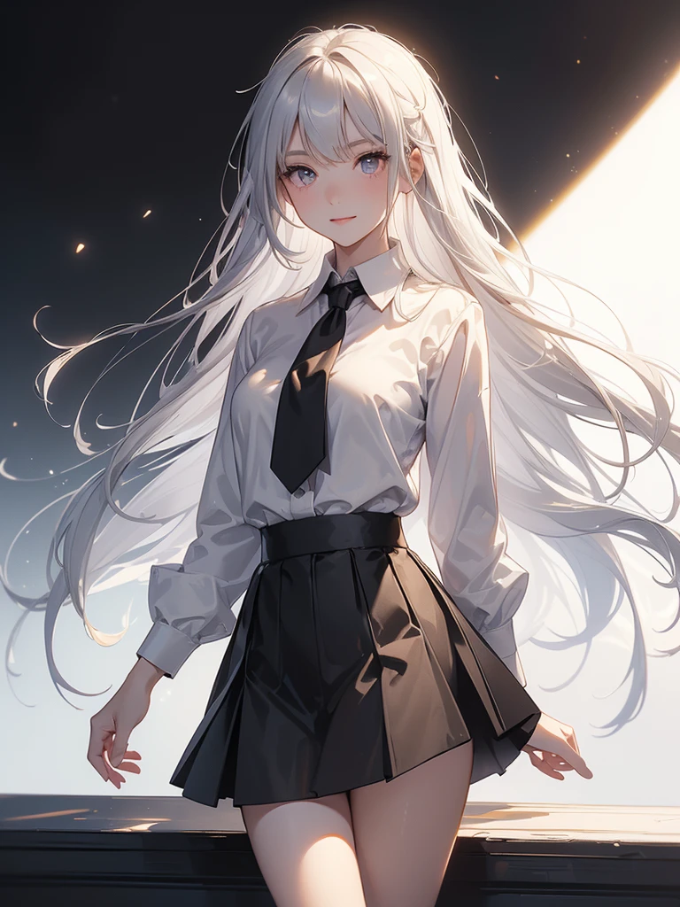 ((masterpiece, Highest quality)), (One girl), (alone), (Focus on women), (Ahoge, Gray Hair, Very long hair), Golden Eyes, Clear smile, Open your mouth, ((White shirt), (Buttoned shirt), (Gap Button)), ((Black Skirt), (Short skirt)), Are standing, White Background, Put your arms behind your back, Dynamic Angle