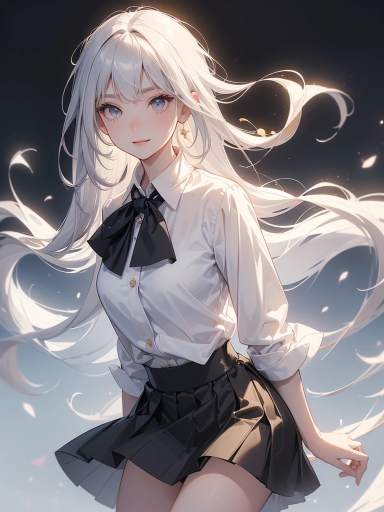 ((masterpiece, Highest quality)), (One girl), (alone), (Focus on women), (Ahoge, Gray Hair, Very long hair), Golden Eyes, Clear smile, Open your mouth, ((White shirt), (Buttoned shirt), (Gap Button)), ((Black Skirt), (Short skirt)), Are standing, White Background, Put your arms behind your back, Dynamic Angle
