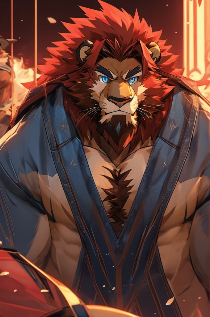 enji todoroki big daddy lion, hairy chest, bearded, Big , muscular, Big thighs, handsome, Red hair, light brown skin, erected, Heroic pose, muscular arms, Big muscular chest, detailed light blue eyes
