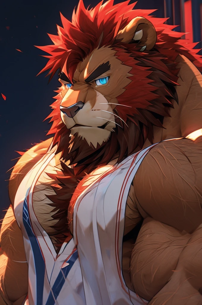 enji todoroki big daddy lion, hairy chest, bearded, Big , muscular, Big thighs, handsome, Red hair, light brown skin, erected, Heroic pose, muscular arms, Big muscular chest, detailed light blue eyes
