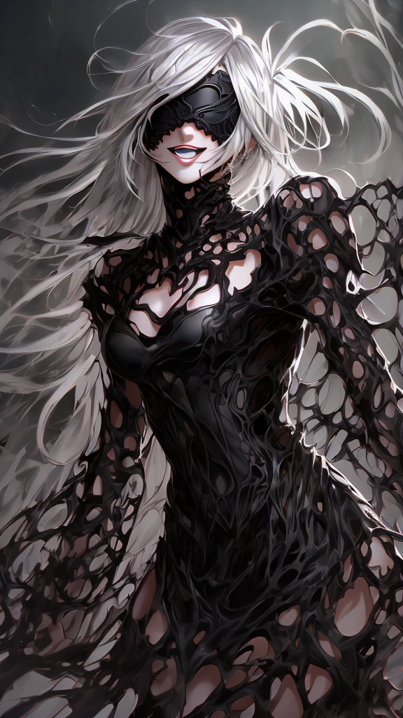Epic CG masterpiece, hdr,DTM, full ha,8K, ultra detailed graphic tension, dynamic poses, stunning colors, 3D rendering, Surrealism, cinematic lighting effects, Realism, 00 renderer, super realistic, Super view, super wide Angle, HD
blury background,automata inspired、dark,Nier Automata Characters、Nier Automata Cosplay、(High Resolution、4K、highest quality) Inspired by Nier、A girl in a black outfit holding a sword: Automata。Girls、((Both eyes are completely covered with a black blindfold.))、Delicate and beautiful silvery white short hair、Infected by the symbiote,Beautiful detailed lips、And has a highly detailed face with fine skin texture。,symbiote,The girl&#39;s black outfit is made of shiny leather material.Symbiote-infected clothing、Gives a stylish and futuristic look。,Short Bob Hair,Reflecting sunlight。The blade is intricately engraved、The craftsmanship shines through。Girl&#39;s hair blowing in the wind、Adds dynamic movement to the scene。The overall image is realistic and photorealistic.dark fantasy,Sharp focus and vibrant colors、Enhances visual impact。This artwork is from Nier : It captures the essence of Automata.Symbiote、It pays tribute to the iconic character 2b.。,
depth of field,An ultrarealistic full body photo of woman in fighting venom symbiote, black venom symbiote tentacles, laying deep in dark black liquid , evil smile, evil glowing eyes, hyper realistic, 8K,
1gir, solo,lips, (shiny skin:1.5)skin tight,grey eyes,
spider web print,
