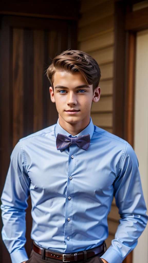 19 year old male wearing bow tie and lomg sleveed button up
4K HIGH REZ 

Physical Description: Brown colored hair and skinny build. 5"5 and 150 LB. Blue eyes. 

.