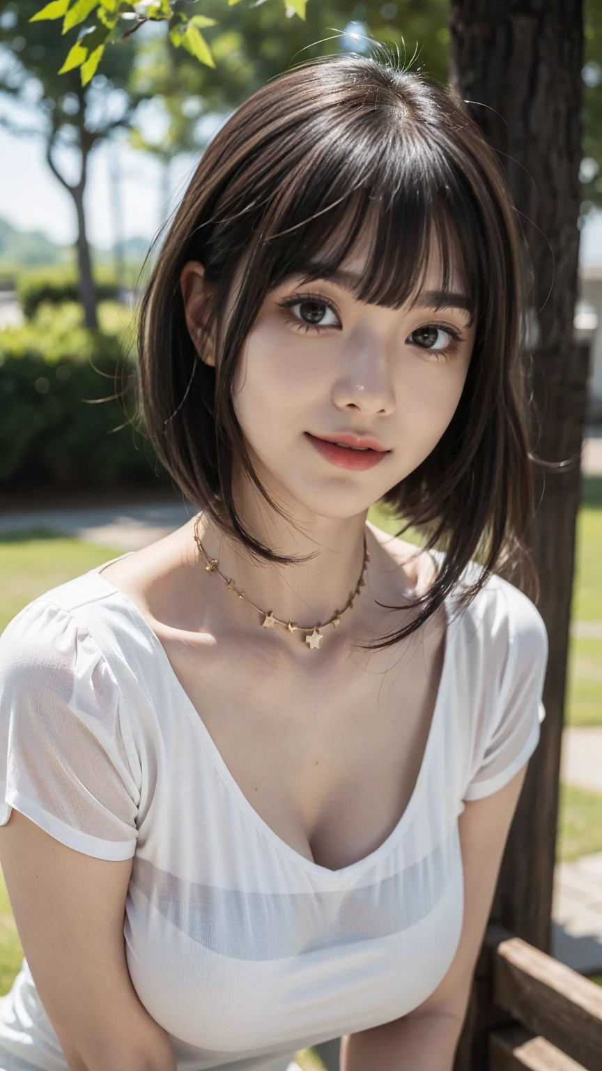 (best quality, masterpiece:1.3), (actual, photo actual:1.3), ultra high resolution, ultra high definition, Extremely detailed CG unified 8k wallpaper, (actual skin, Delicate skin), (perfect anatomy), (official art, Beautiful and beautiful), (generous smile:1.3), (seductive face:1.3), (korean woman:1.3), alone, depth of field, in a park,(big breasts:1.1),(medium full shot:1.5),(see-through fashion dress:1.3), (curvy hips:1.1), (collar), (naturally look at camera:1.3), (blunt bangs:1.5), (stockings)