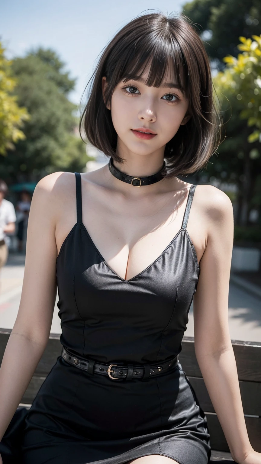 (best quality, masterpiece:1.3), (actual, photo actual:1.3), ultra high resolution, ultra high definition, Extremely detailed CG unified 8k wallpaper, (actual skin, Delicate skin), (perfect anatomy), (official art, Beautiful and beautiful), (generous smile:1.3), (seductive face:1.3), (korean woman:1.3), alone, depth of field, in a park,(big breasts:1.1),(medium full shot:1.5),(sheer maxi dress:1.3), (curvy hips:1.1), (collar), (naturally look at camera:1.3), (blunt bangs:1.5), (stockings)