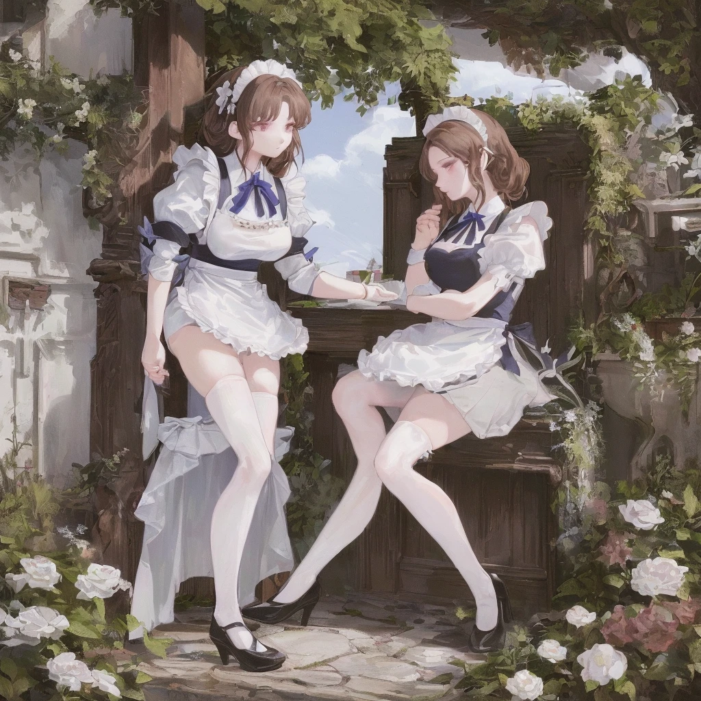 ( best quality、8k、masterpiece、Practical:1.3 )、 1 female、( A garden with a classic and famous castle as the background )、( Very high quality dark background : 1.2)、Natural bright sunlight、Blue sky、Brown hair tied up、Beautiful Women in Perfect Shape: 1.4、Highly detailed face and skin texture、Delicate eyes、double eyelids、far away : 1.2 、I can see the whole body、White maid、White maid headband、Ruffled shirt、Ribbon Tie、apron、High heel 、 ( Skirt lift show : 1.3 )
