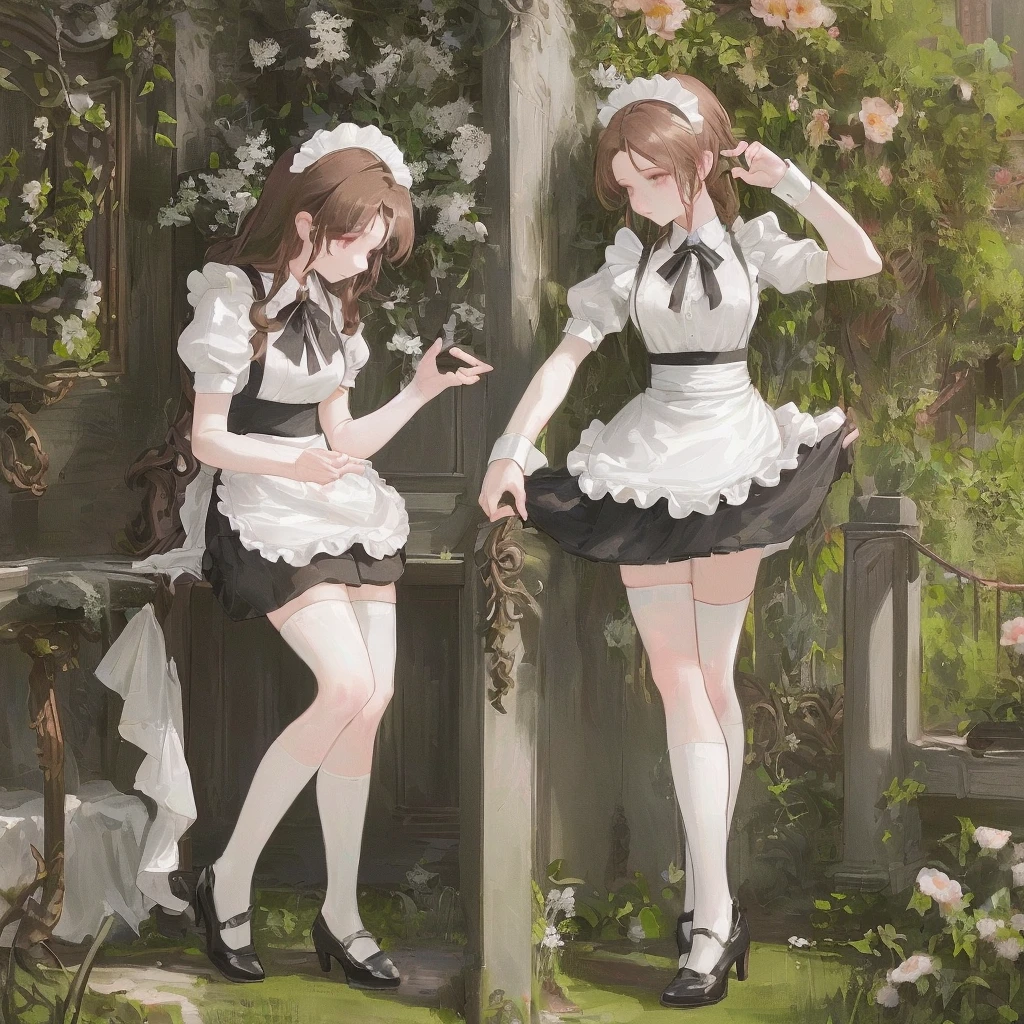( best quality、8k、masterpiece、Practical:1.3 )、 1 female、( A garden with a classic and famous castle as the background )、( Very high quality dark background : 1.2)、Natural bright sunlight、Blue sky、Brown hair tied up、Beautiful Women in Perfect Shape: 1.4、Highly detailed face and skin texture、Delicate eyes、double eyelids、far away : 1.2 、I can see the whole body、White maid、White maid headband、Ruffled shirt、Ribbon Tie、apron、High heel 、 ( Skirt lift show : 1.3 )