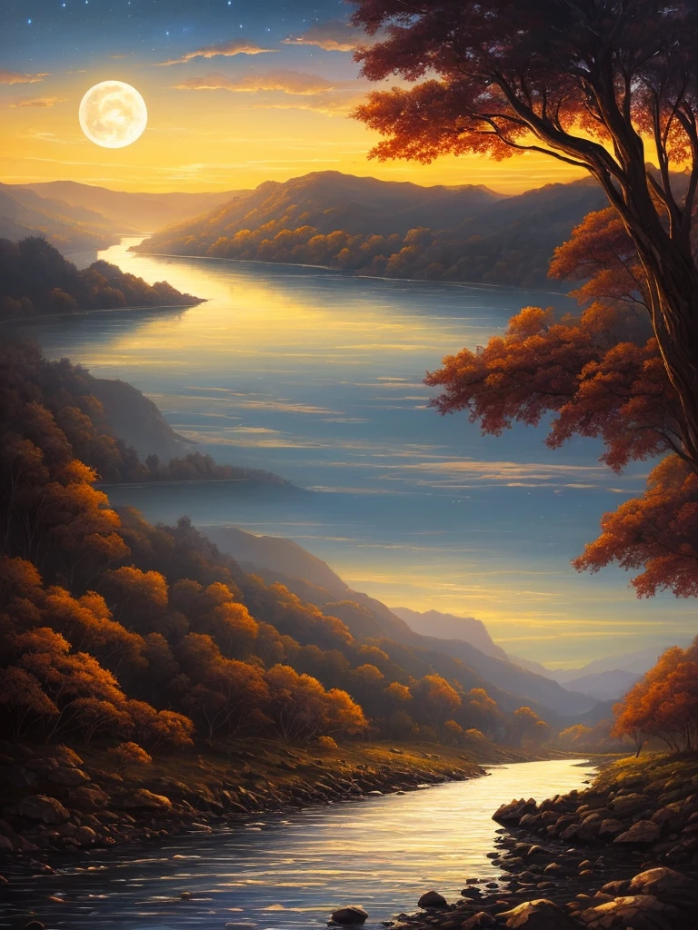 a painting of a river with a full moon in the sky, a matte painting by RHADS, deviantart, conceptual art, beautiful moonlight, beautiful moonlight night, beautiful moon light, stunning moonlight and shadows, night time moonlight, moonlit night, moonlit night dreamy atmosphere, dramatic moonlight, nighttime nature landscape, dramatic moonlit lighting, dramatic moonlight lighting