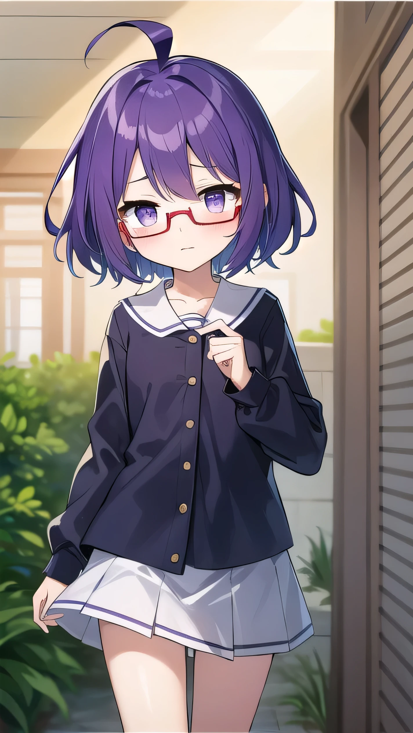 (Purple hair:1.4), gray eyes, white , navy blue miniskirt, , short, short long hair, kind expression, shy, , almost no breasts, slightly exposed. hair,(flipped hair ), flipped hair, long sleeves, ahoge, girl alone, flipped hair, flipped hair, flipped hair, flipped hair, glasses with no edges, embarrassed, flat chest