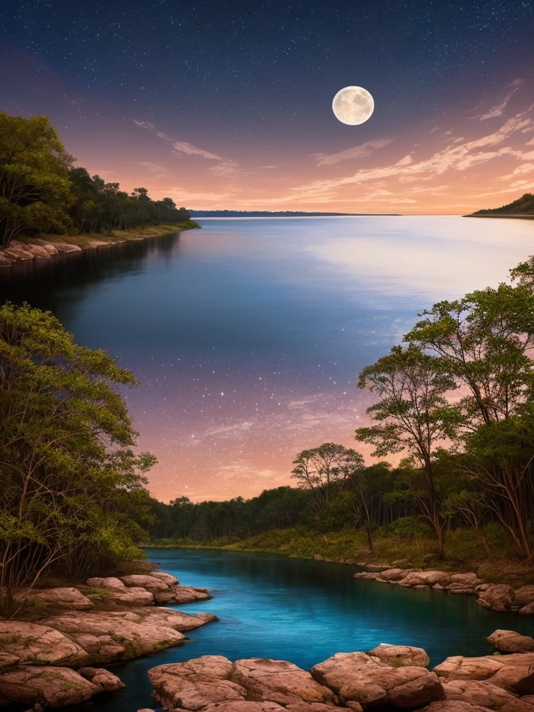 a painting of a river with a full moon in the sky, beautiful moonlight, beautiful moonlight night, beautiful moon light, stunning moonlight and shadows, night time moonlight, moonlit night, moonlit night dreamy atmosphere, dramatic moonlight, nighttime nature landscape, dramatic moonlit lighting, dramatic moonlight lighting, at night with dramatic moonlight, nighttime moonlit, beautifully lit landscape