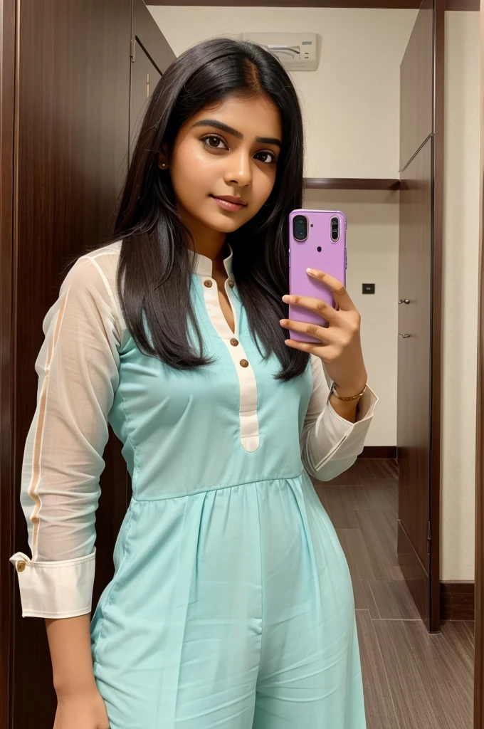 A Indian girl take a selfie in trial room, she pari a kurti and pant , her phone model is Vivo y 15
