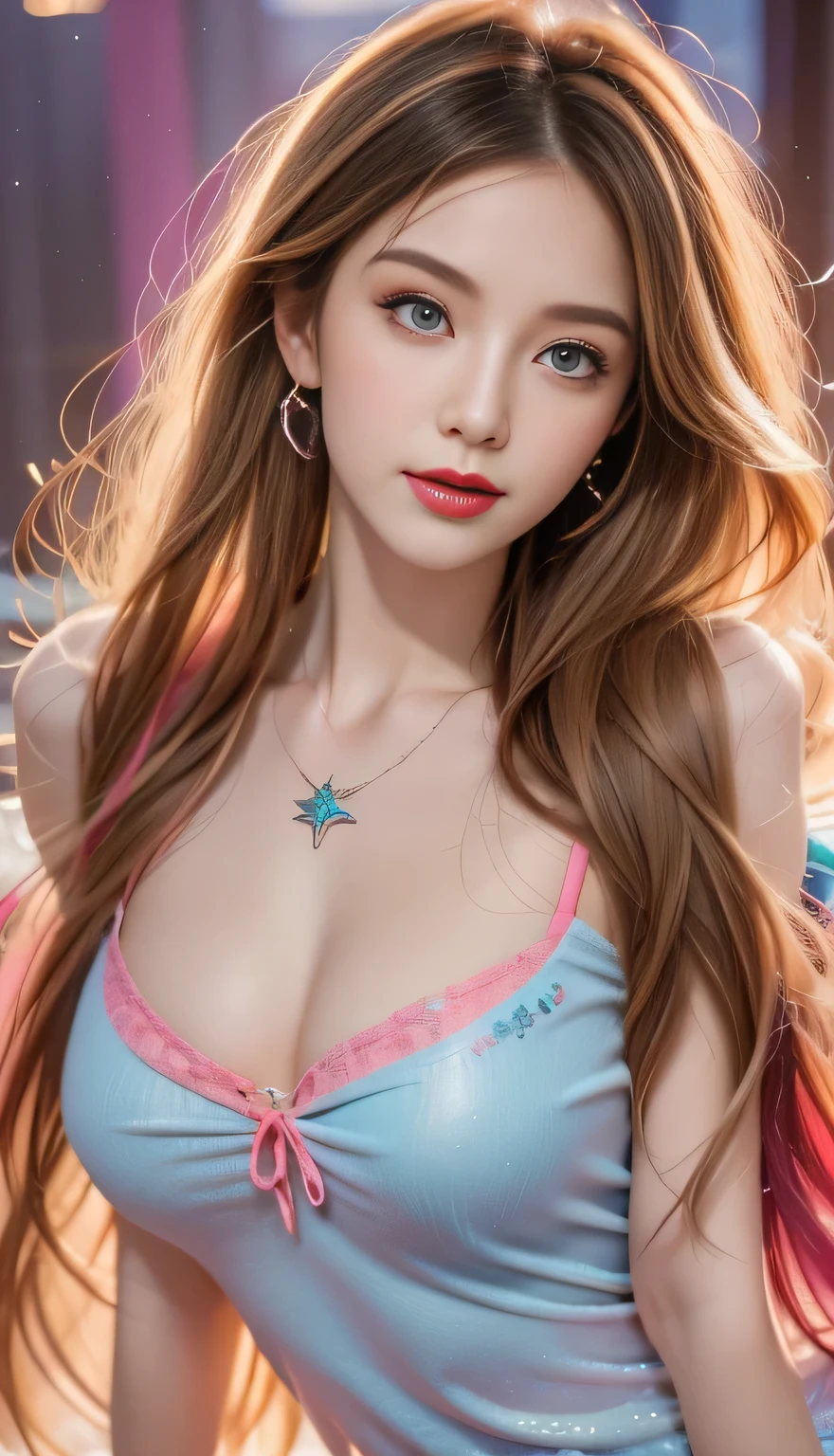 Close-up of a woman with Colorful hair and necklace, Universe long hair anime girl, The soft vibrancy of Rossdraws, Guvez-style artwork, Fantasy art style, Colorful], Vibrant fantasy style, Rossdraws Vibrant cartoons, cosmic and Colorful, Gu Weiss, Colorful digital fantasy art, Stunning art style, Beautiful anime style, Full body lighting, Skin brightening, Sexy expressions