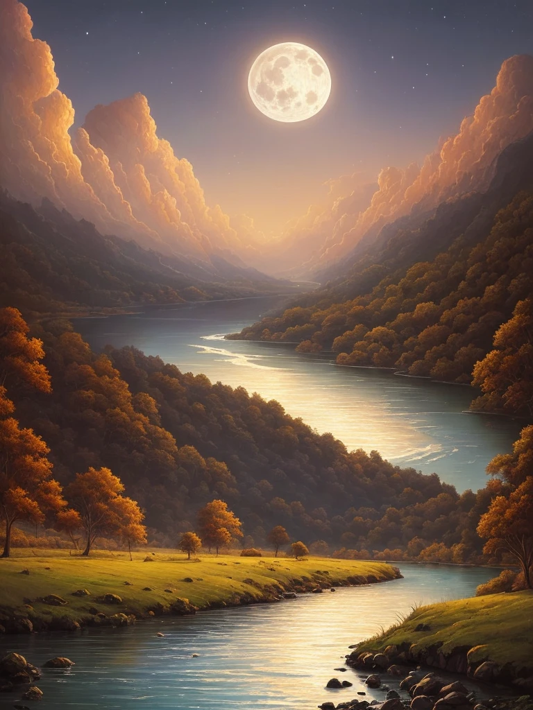 a painting of a river with a full moon in the sky, a matte painting by RHADS, deviantart, conceptual art, beautiful moonlight, beautiful moonlight night, beautiful moon light, stunning moonlight and shadows, night time moonlight, moonlit night, moonlit night dreamy atmosphere, dramatic moonlight, nighttime nature landscape, dramatic moonlit lighting, dramatic moonlight lighting