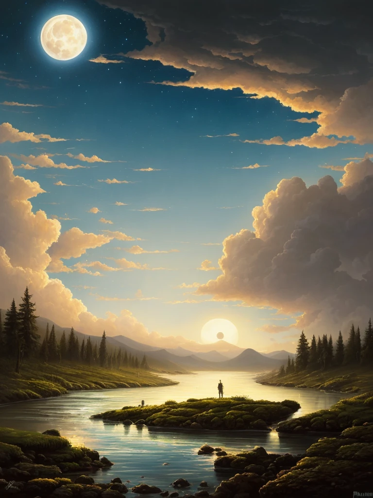 a painting of a river with a full moon in the sky, a matte painting by RHADS, deviantart, conceptual art, beautiful moonlight, beautiful moonlight night, beautiful moon light, stunning moonlight and shadows, night time moonlight, moonlit night, moonlit night dreamy atmosphere, dramatic moonlight, nighttime nature landscape, dramatic moonlit lighting, dramatic moonlight lighting