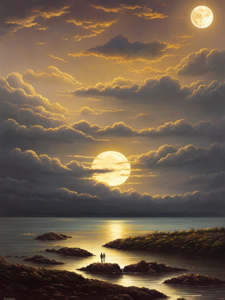 a painting of a river with a full moon in the sky, a matte painting by RHADS, deviantart, conceptual art, beautiful moonlight, beautiful moonlight night, beautiful moon light, stunning moonlight and shadows, night time moonlight, moonlit night, moonlit night dreamy atmosphere, dramatic moonlight, nighttime nature landscape, dramatic moonlit lighting, dramatic moonlight lighting