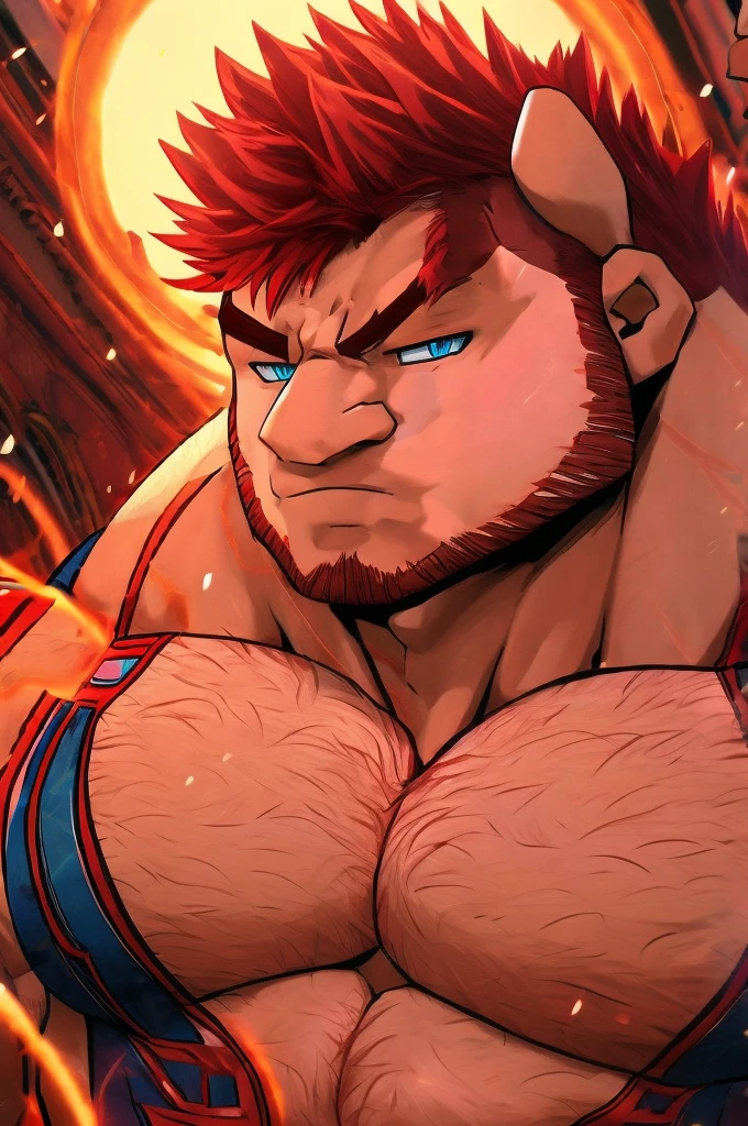 Enji Todoroki, hairy chest, bearded, Big , muscular, Big thighs, handsome, Red hair, light brown skin, erected, Heroic pose, muscular arms, Big muscular chest, detailed light blue eyes
