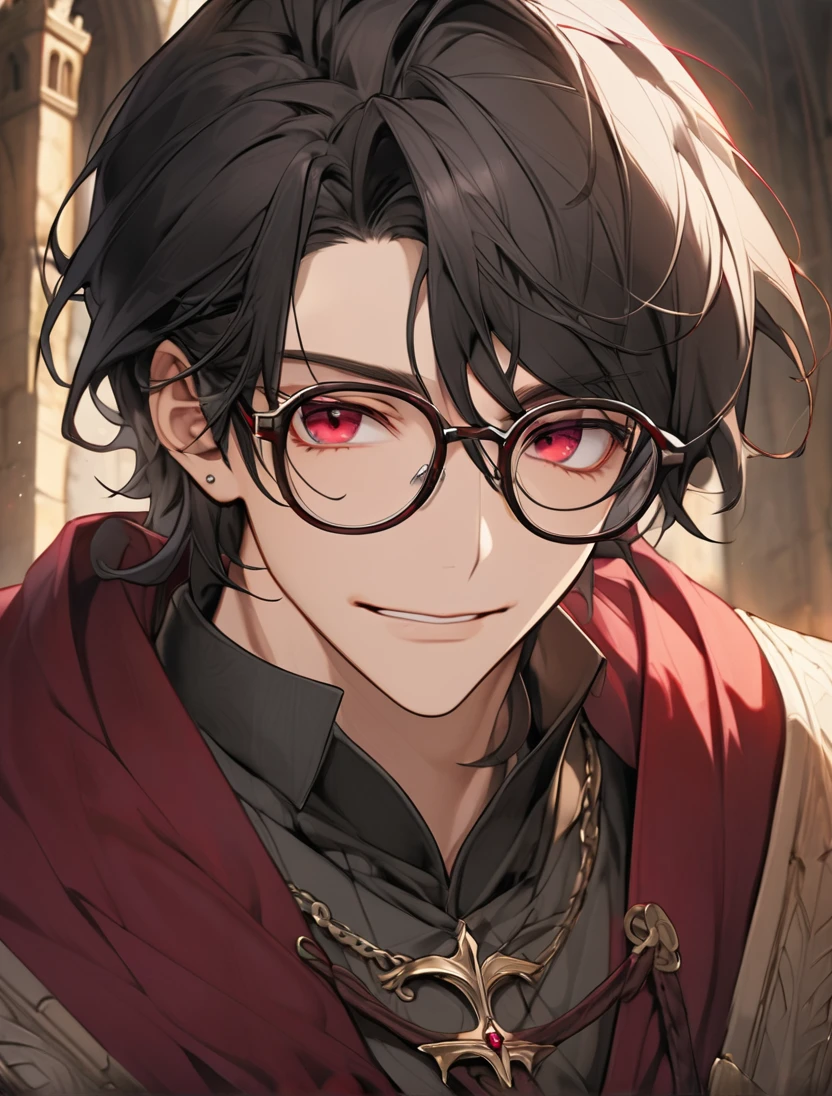 (Black_Hair), (red_ruby_eyes), (Handsome), (attractive), (perfect_face), (male), (close_up_shot), (detailed_eyes), (detailed_hair), (clean_hair), (smug), (sharp_eyes), (vertical_pupils), (wears_glasses), (old_medieval_glasses)