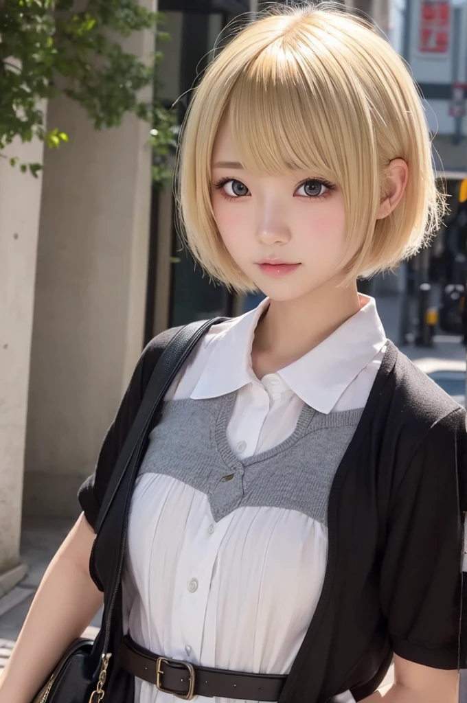 anime。Blonde Short Hair。girl。cute。long bangs、One eye is hidden。