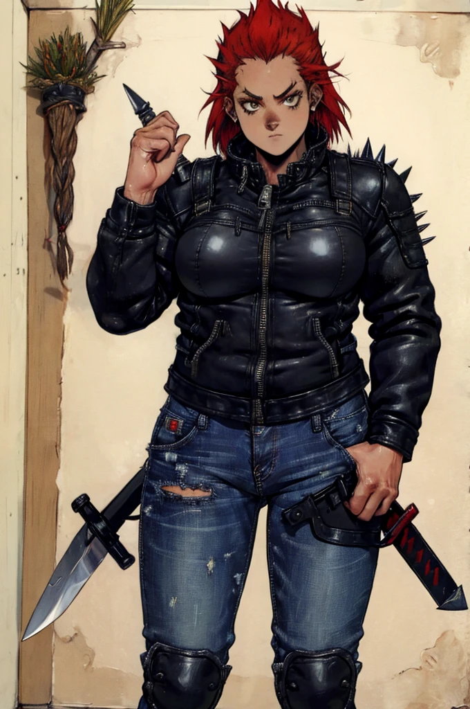 Dorohedoro Style, sexy young girl, a wolf mask with short red hair sticking out from under it, a heavy leather jacket with spikes, jeans, a girl holding a sword