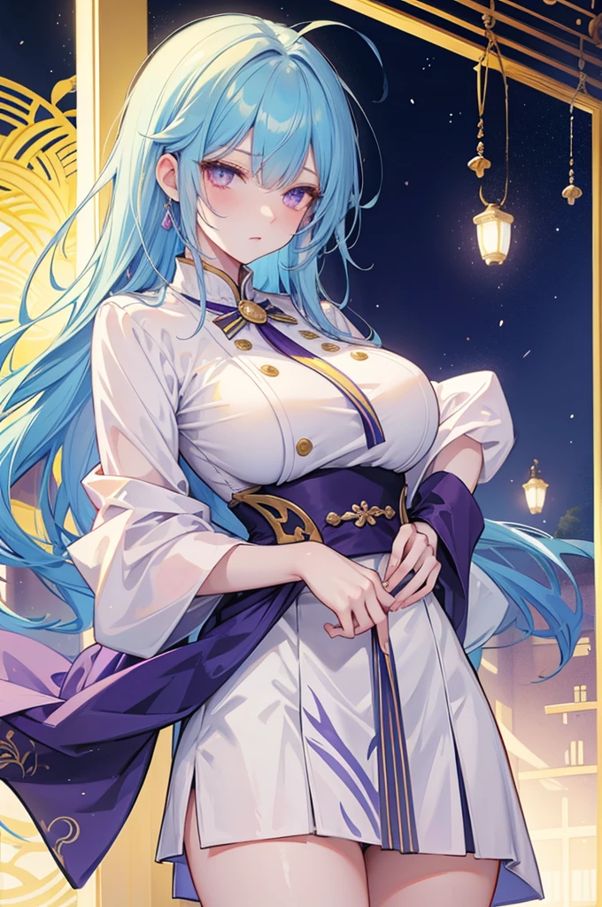 Yellow and light blue two-tone hair, purple eyes, Oriental-style clothes, Breasted women, E Cup, Yeouibong Peak, Balaur, Yandere expression