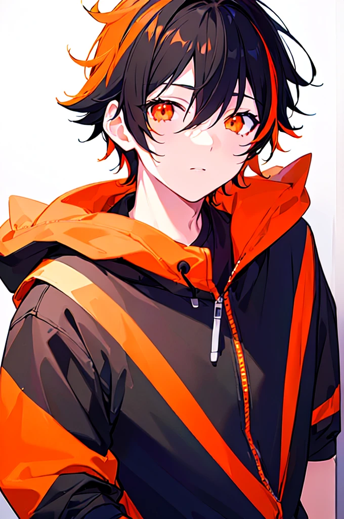 [(WHITE BACKGROUND:1.5),::5], ((((masterpiece)))), high quality, ultra very high resolution, full color, (((solo))), (()), black hair, ((orange streaked hair)), (orange eyes), anime, ((upper body)), neon light, black parka,