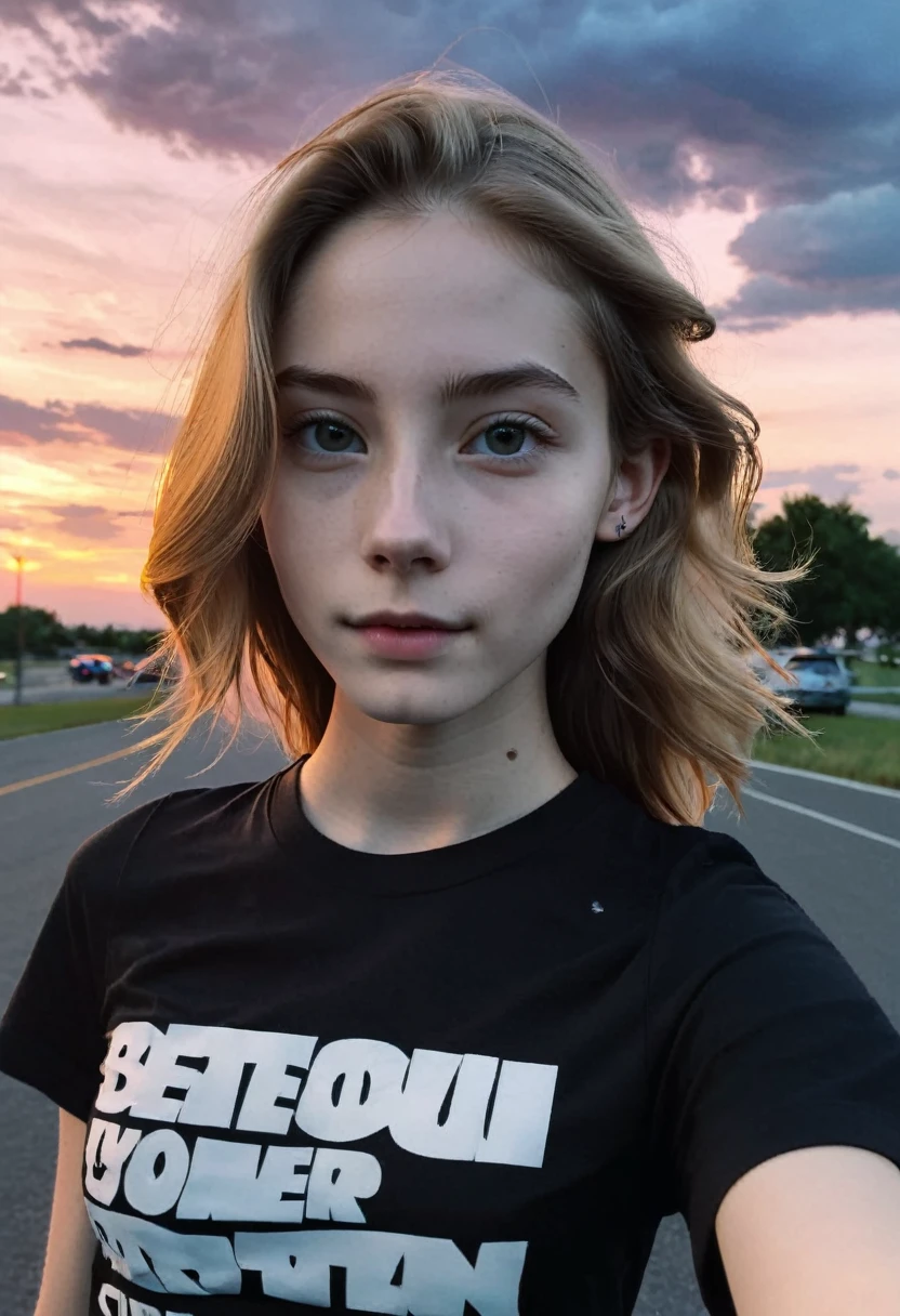 Selfie photo of skinny young teen female, medium dark blonde hair, white skin, looks in camera, photography, black t-shirt, cinematic, fashion photo, beautiful dusk sky, clouds, best quality, professional
