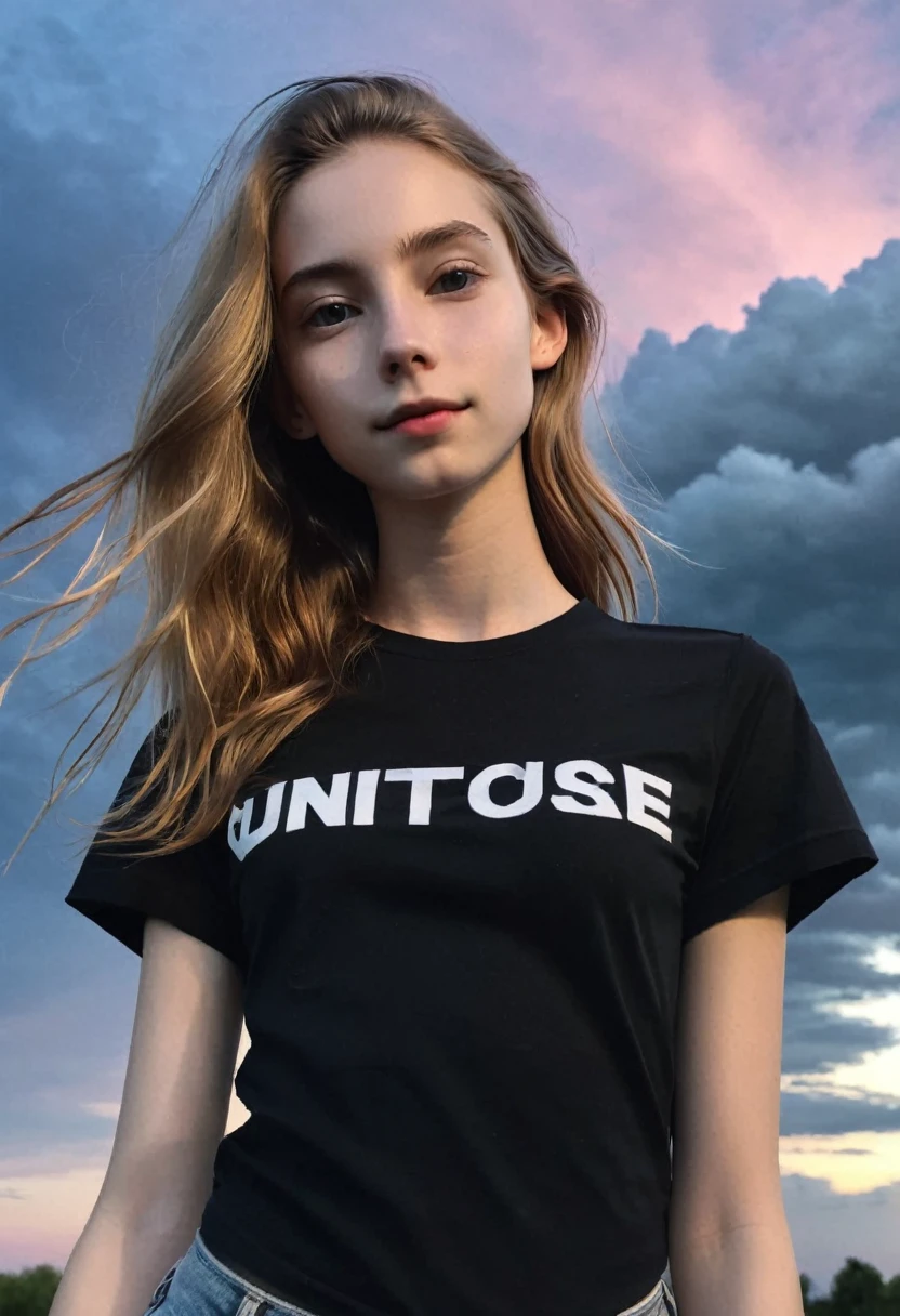 Selfie photo of skinny young teen female, medium dark blonde hair, white skin, looks in camera, photography, black t-shirt, cinematic, fashion photo, beautiful dusk sky, clouds, best quality, professional