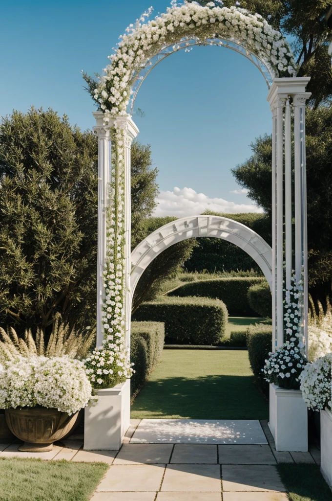 Arch with pampas grass and white flowers with dark blue drapes