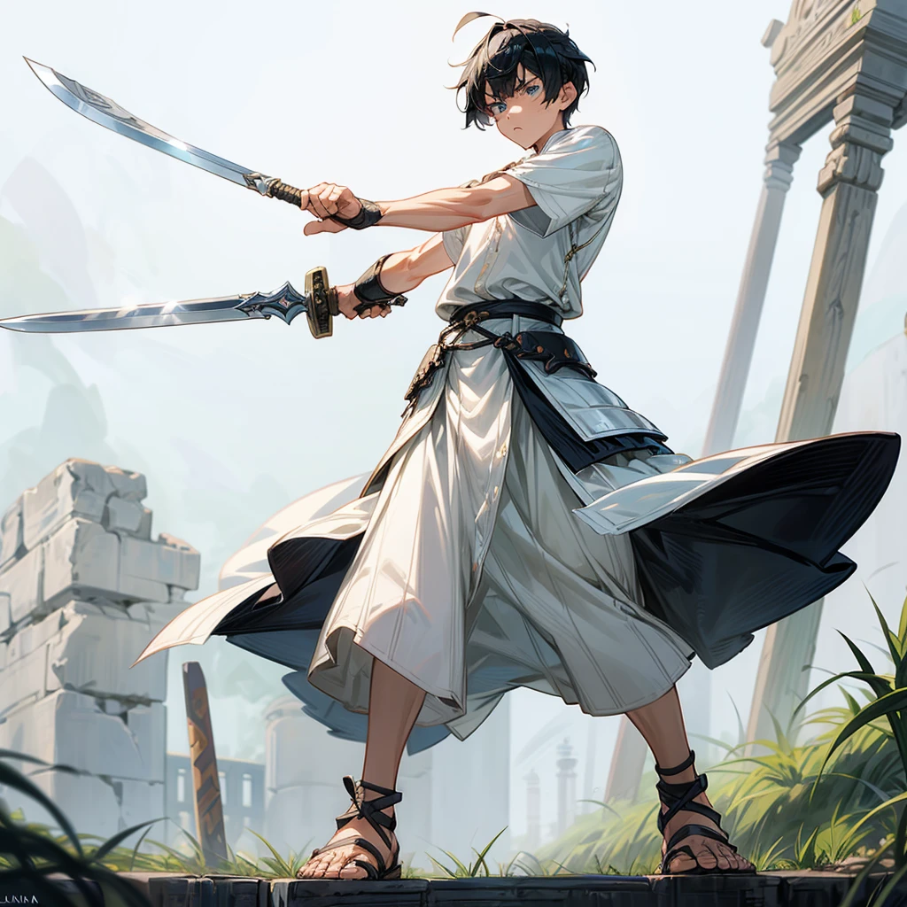 1boys, Full body version, blue eyes, undercut hair, black colour hair, very angry expression, white tunic Ancient Roman clothing, short sleeve shirt, gladiator skirt, gladiator armor, gladiator sandals, Spatha sword in hand, (war gesture), war pose, Grassroots background 