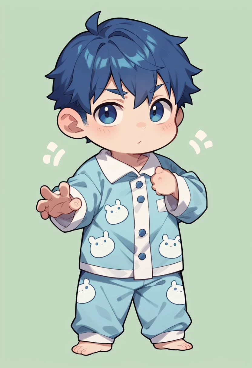 boy, 18 years, dark blue hair,dark blue eyes,light blue T-rex onesie pajamas, chibi, full body, green background only, Without background, Simple background,shoot from front, looking at viewer