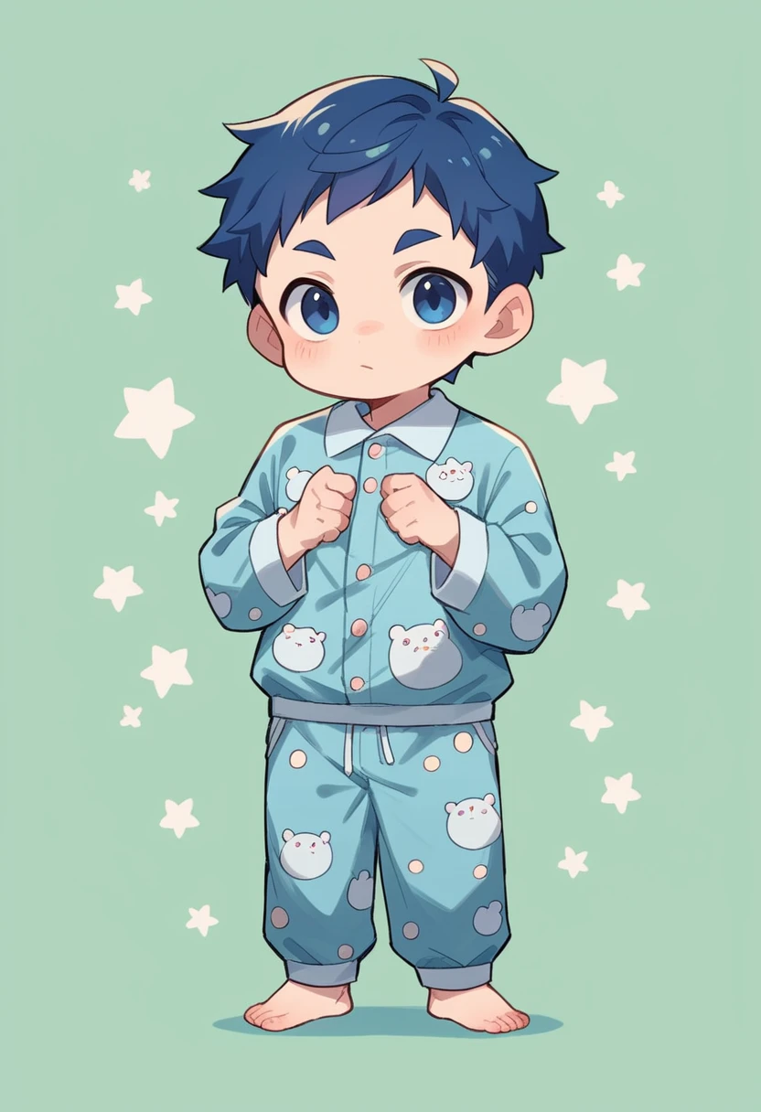 boy, 18 years, dark blue hair,dark blue eyes,light blue T-rex onesie pajamas, chibi, full body, green background only, Without background, Simple background,shoot from front, looking at viewer
