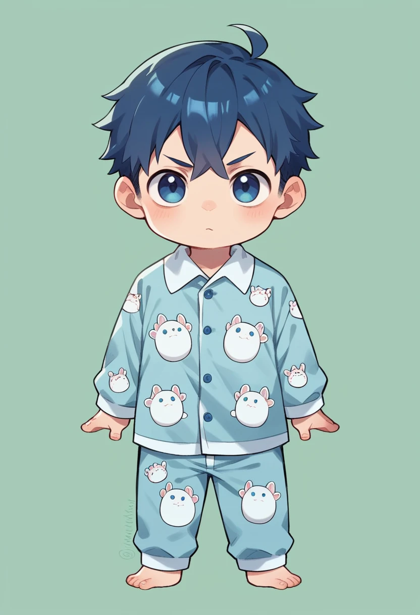boy, 18 years, dark blue hair,dark blue eyes,light blue T-rex onesie pajamas, chibi, full body, green background only, Without background, Simple background,shoot from front, looking at viewer
