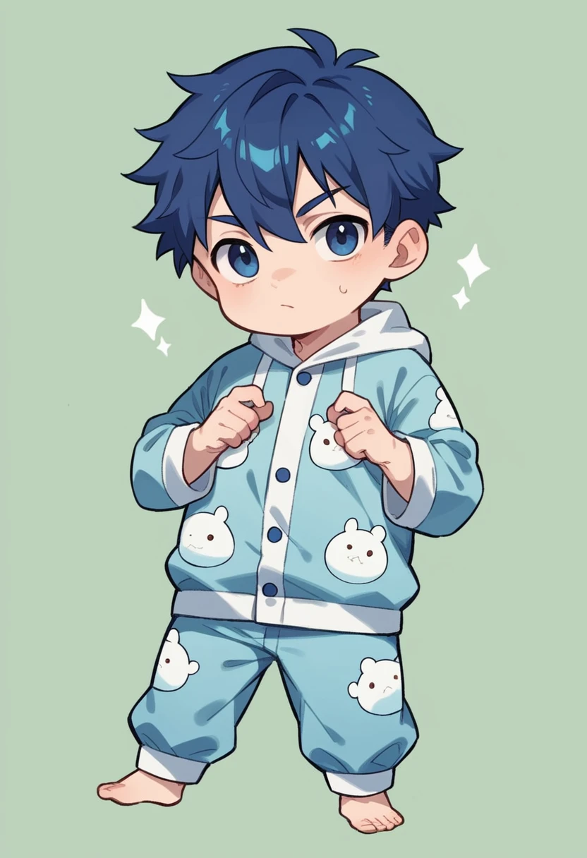 boy, 18 years, dark blue hair,dark blue eyes,light blue T-rex onesie pajamas, chibi, full body, green background only, Without background, Simple background,shoot from front, looking at viewer