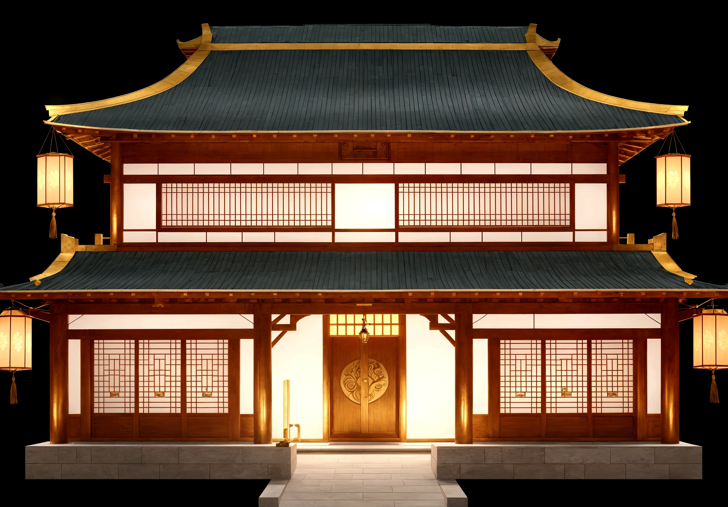 illustration of a traditional chinese building with lanterns and a bird, temple background, zen temple background, background depicting a temple, digital painting of a pagoda, japanese temple, japanese house, korean traditional palace, background art, palace background, chinese building, artwork in the style of z.w. gu, cyberpunk japanese temple, inspired by Shūbun Tenshō