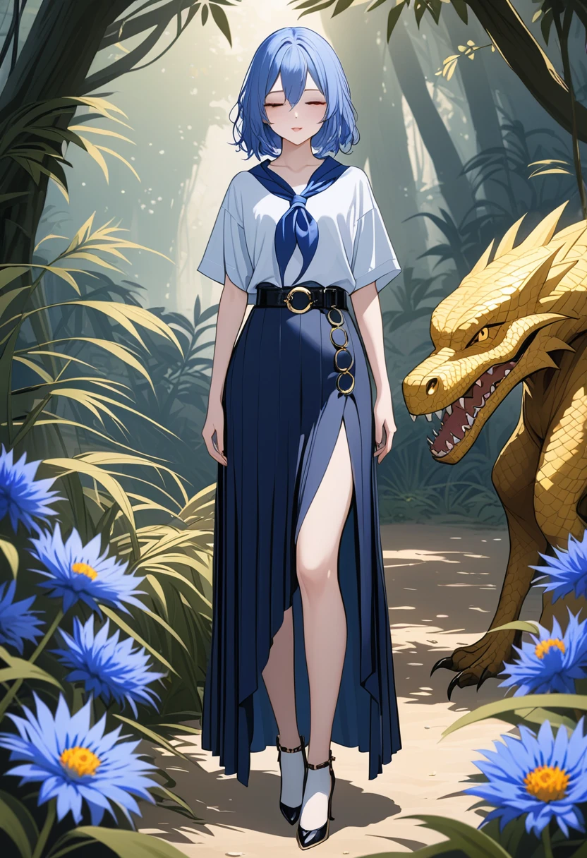 masterpiece, (best quality:1.2), (an extremely delicate and beautiful:1.2), newest, rating:general, expressive eyes, perfect face, perfect hands, (((1girl, full body))), BREAK, pretty young asian woman, pale skin, (wearing cornflower-blue shirt short sleeves, navy-blue neckerchief, navy-blue pleated pencil long skirt, black belt with gold circle buckle, white socks), sleeping, closed eyes, open mouth, unknown stalker monster behind her, (1creature, 1monster), Amazon jungle scenery, BREAK, (cornflower-blue shirt short sleeves, navy-blue neckerchief, navy-blue pleated pencil long skirt, black belt with gold circle buckle, white socks)