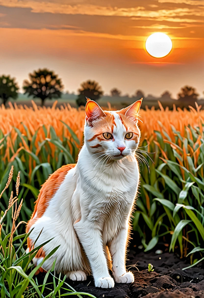 orange white cat with black white cat isit n the middle of beautiful field at morning watching the sunrise