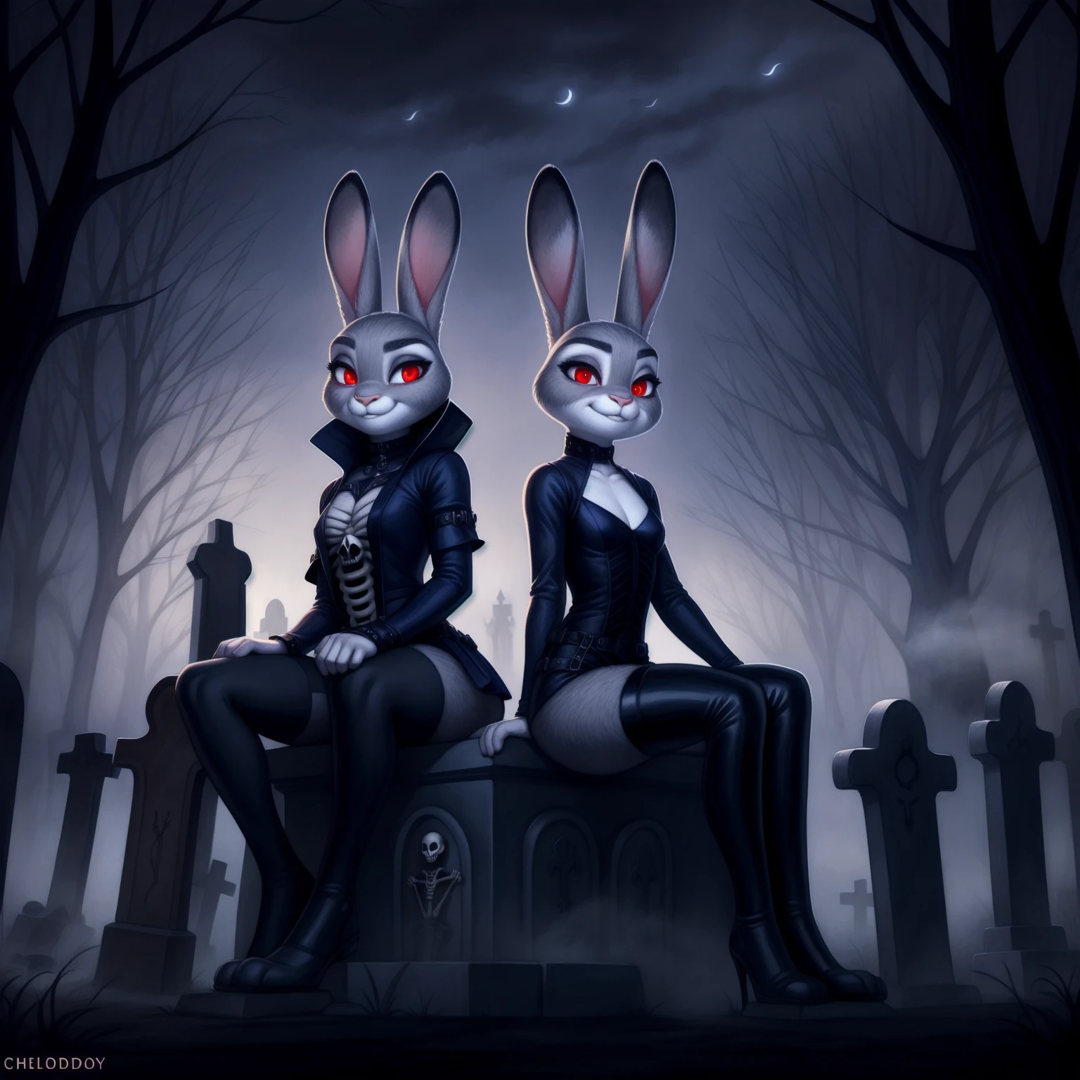 By chelodoy,2 girls, Judy Hopps, goth outfit , stockings, sitting on the skeleton, red eyes, glowing eyes, smirk, holding skull, on the graveyard, fog, night, (detailed face, detailed eyes)