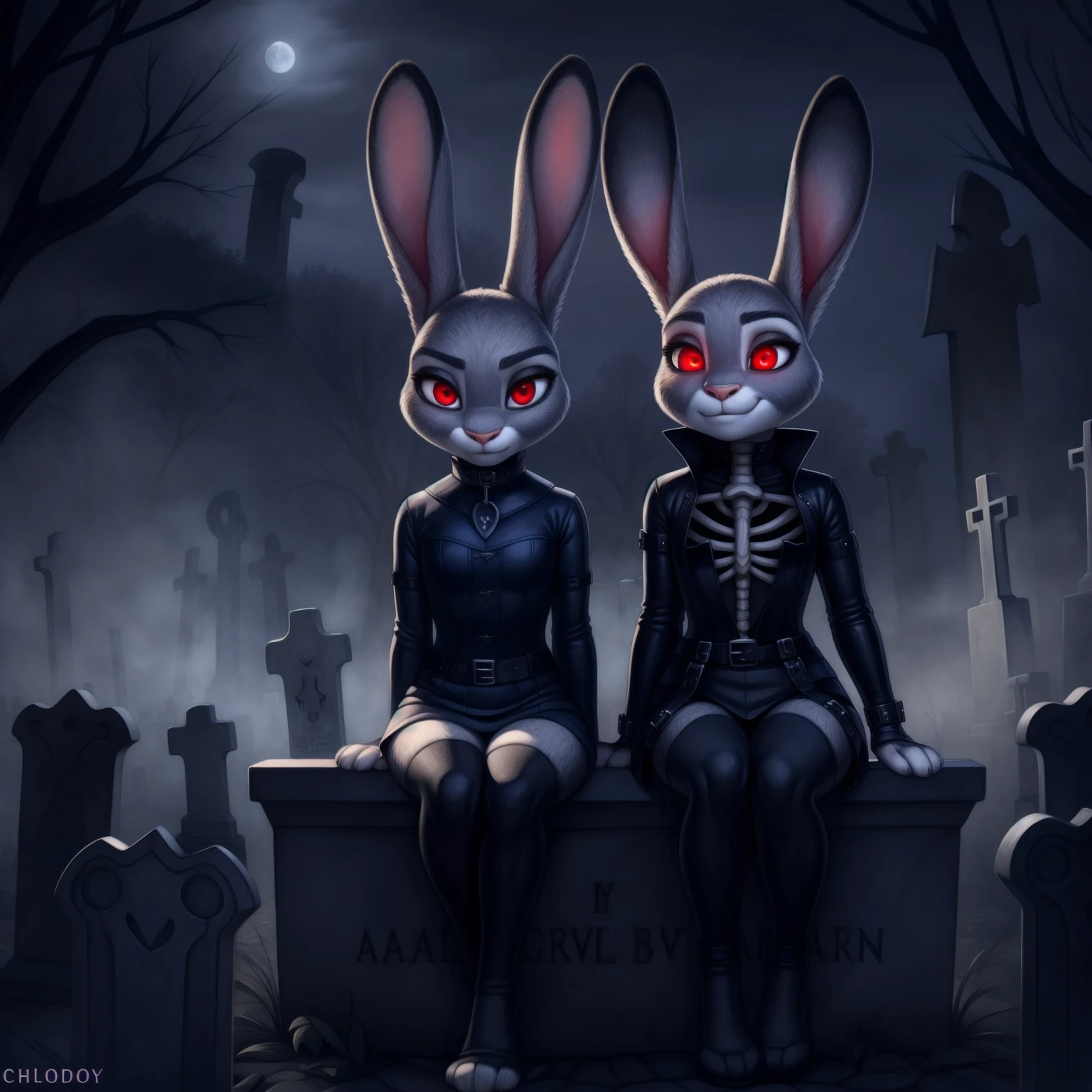 By chelodoy,2 girls, Judy Hopps, goth outfit , stockings, sitting on the skeleton, red eyes, glowing eyes, smirk, holding skull, on the graveyard, fog, night, (detailed face, detailed eyes)