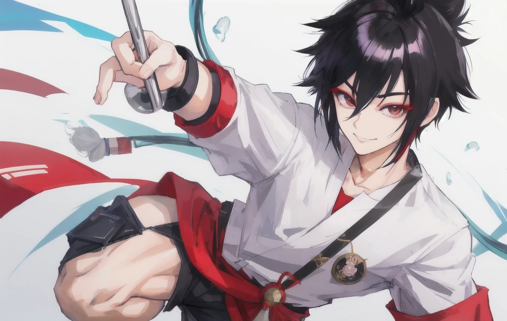 (anime styling) with a naughty smile, Asian, branco como a neve, brawny, androgynous, black mullet hair , (style anime) sexly, with an erect penis, hairless, HD, how much