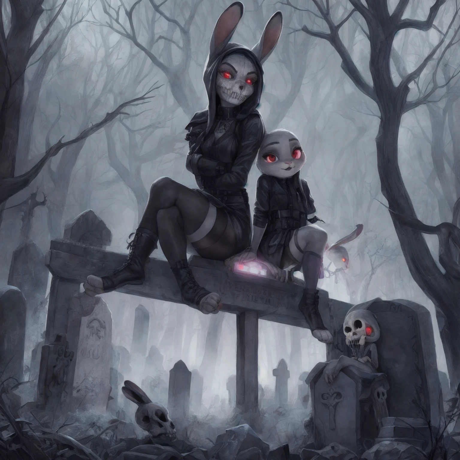 By chelodoy,2 girls, Judy Hopps, goth outfit , stockings, sitting on the skeleton, red eyes, glowing eyes, smirk, holding skull, on the graveyard, fog, night, (detailed face, detailed eyes)