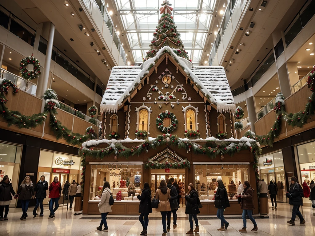 A photorealistic photo of a giant gingerbread house festively decorated for the holidays, displayed in the center court of a modern shopping mall. People in winter clothes walk by in the background.